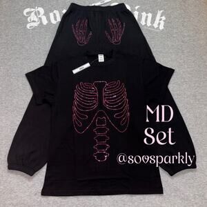 VS PINK Rhinestone Bling Halloween Skeleton Matching Campus Tee & Sweatpants Set